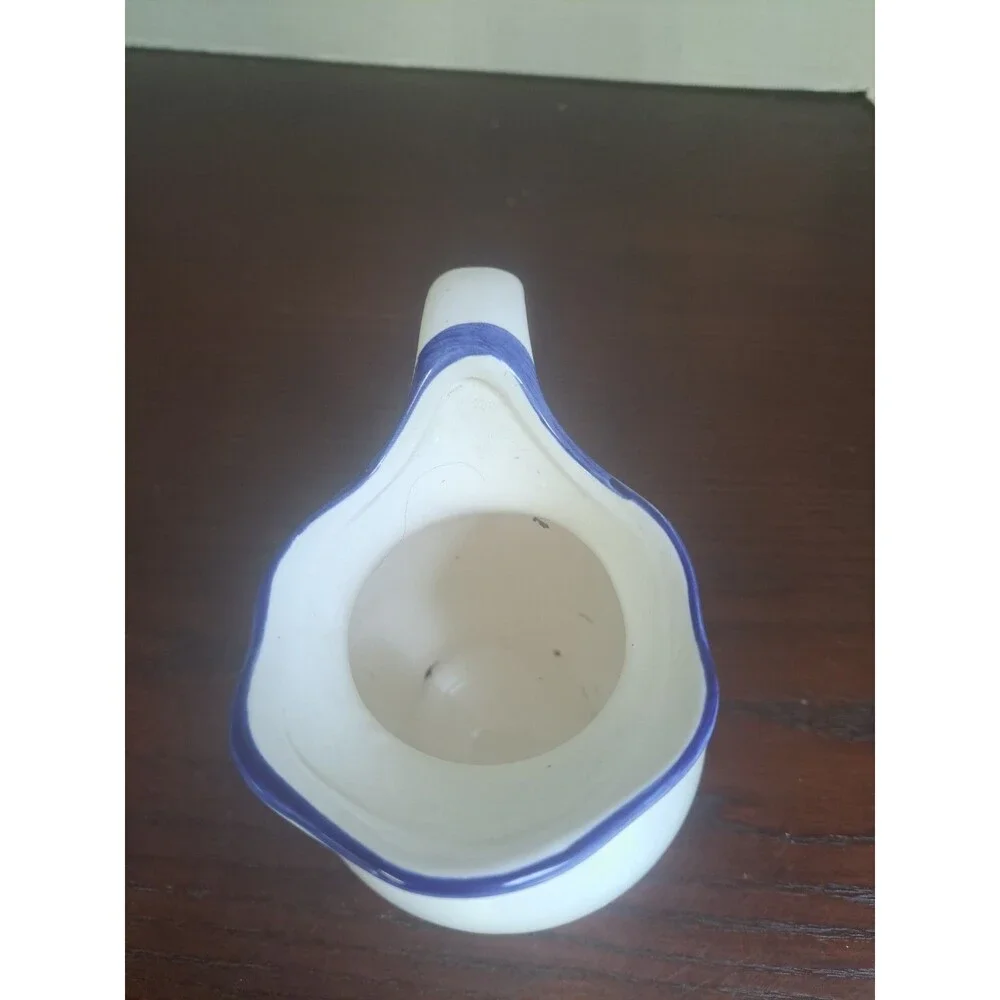 Hand Painted White Ceramic Pitcher Blue Flowers And Trim